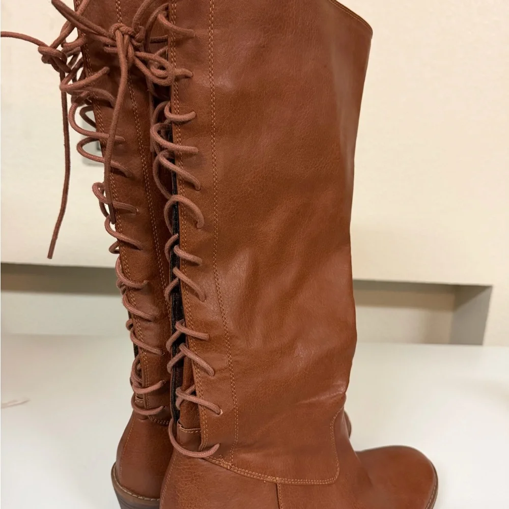 Over-the-Knee Lace-Back‎ Brown Leather Boots